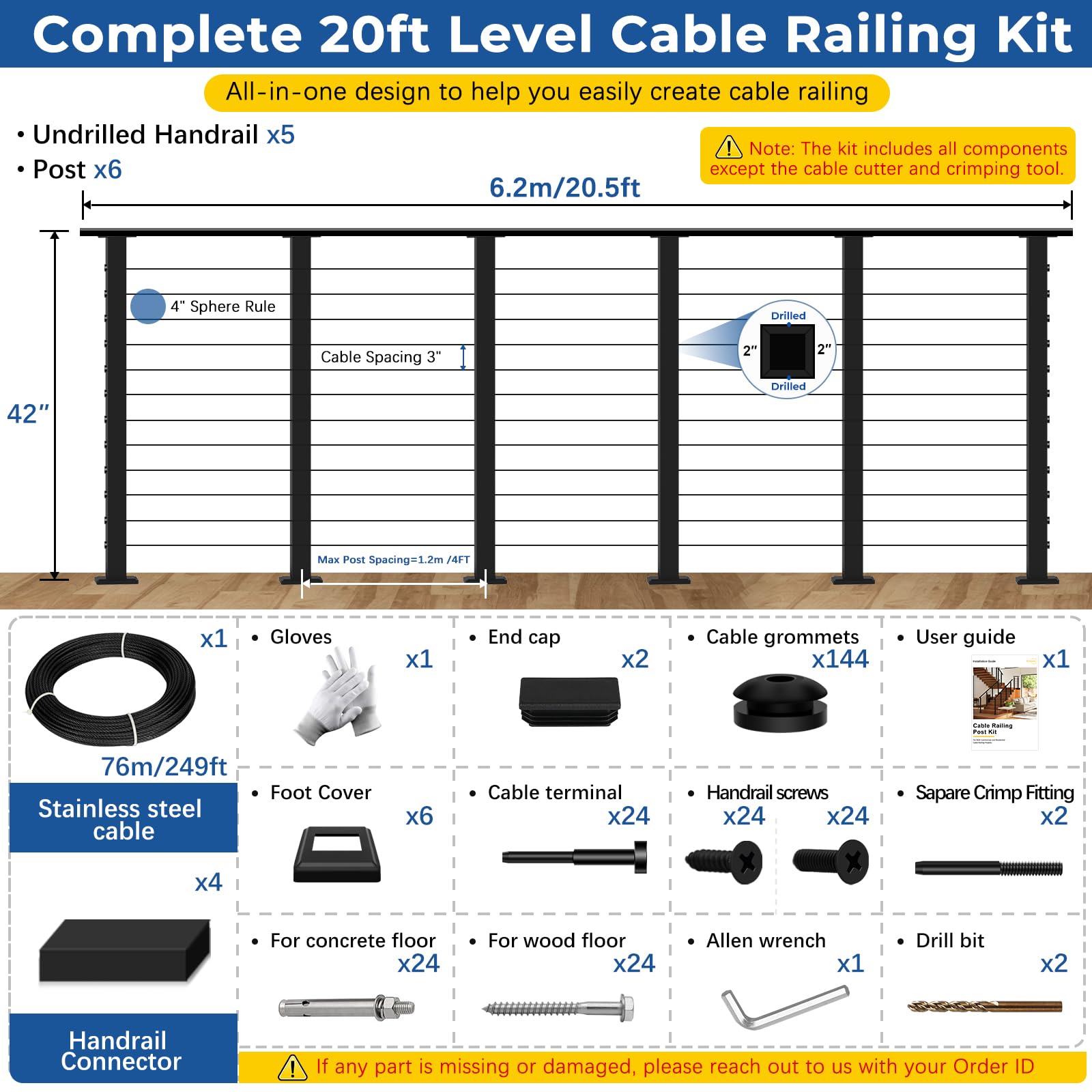 Zylorix 16ft-20ft Complete Set 42" Deck Cable Railing System with Handrail Adjustable, T304 Stainless Steel Black Level Drilled Cable Railing Posts Kit with 1/8" Cable Railing Hardware for Outdoors