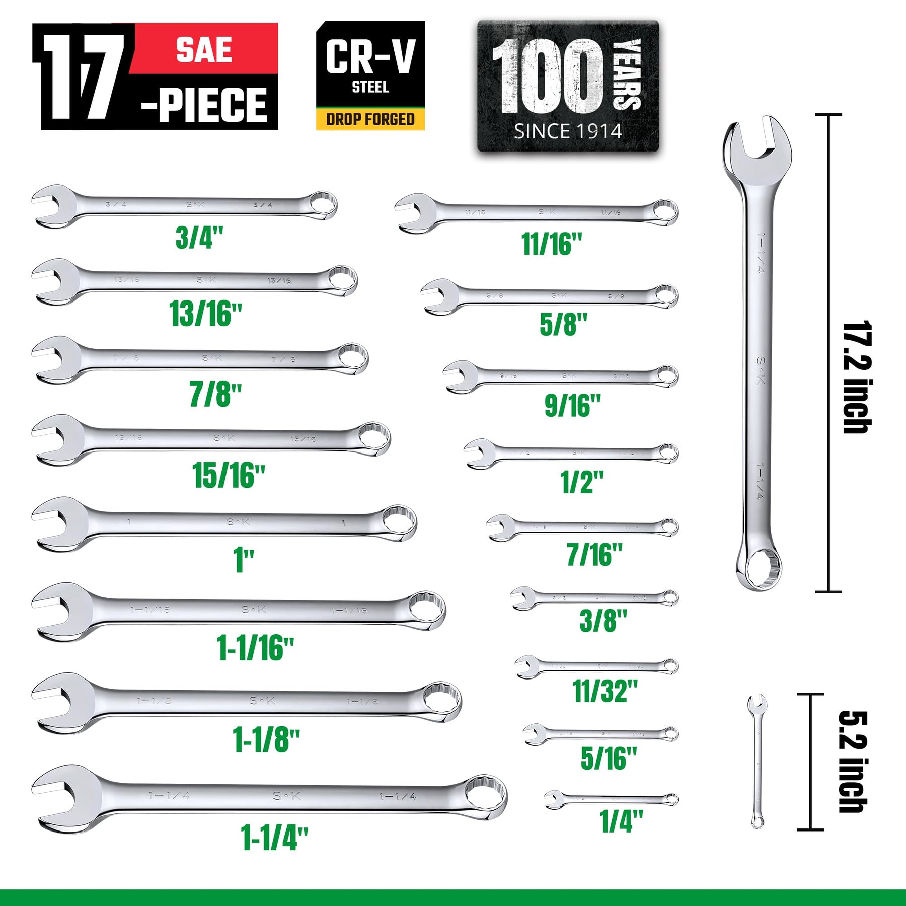 SK Combination Wrench Set, SAE 1/4" to 1-1/4", Metric 6 to 32mm, 42-Piece, SuperKrome Finish, Premium CR-V Construction, with Rolling Pouch