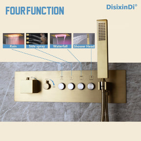 Brushed Gold Ceiling LED Rain Shower Head With Handheld, DisixinDi Large Luxury Rainfall Shower System Fixtures With Body Jets Thermostatic Mixer Trim Kit Included