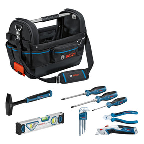 Bosch Professional Combo Kit GWT 20 + Hand Tool Set (incl. 3x Screwdrivers, Hex Key Set 9 pc., 1x Diagonal Side Cutter, 1x Hammer, 1x Level 25cm, 1x knife)