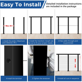 Zylorix 16ft-20ft Complete Set 42" Deck Cable Railing System with Handrail Adjustable, T304 Stainless Steel Black Level Drilled Cable Railing Posts Kit with 1/8" Cable Railing Hardware for Outdoors