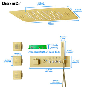 Brushed Gold Ceiling LED Rain Shower Head With Handheld, DisixinDi Large Luxury Rainfall Shower System Fixtures With Body Jets Thermostatic Mixer Trim Kit Included