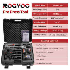 ROGVOC Electric Pipe Crimping Tool Kit with 6 Pro Press Jaws, Pro Press Tool for 1/2 to 2 inches Copper Pipes and Stainless Steel Pipes, 2pcs 4 Ah Battery and Charger, Carrying Case Included