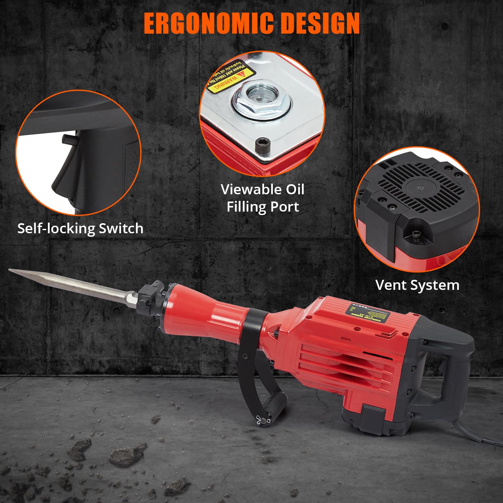 3600W Demolition Jack Hammer Metal Concrete Breaker Jack Hammer Electric Tool Kit, 4pcs Chisels Bit Set W/Case, Noise-Canceling Earplug, Shoulder Strap
