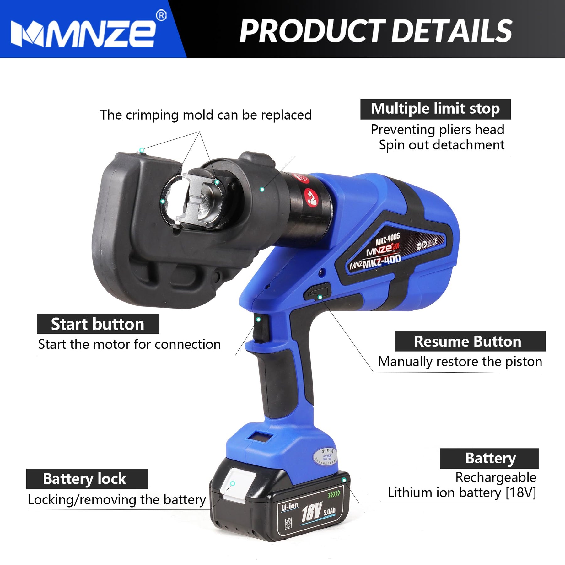 MMNZE Electric Hydraulic Cable Lug Crimper Pliers Rechargeable Crimping Tool 12 Ton Electrical Terminal Cable Wire Fiber Crimper Kit with 12 Dies (MZ-MKZ-400)