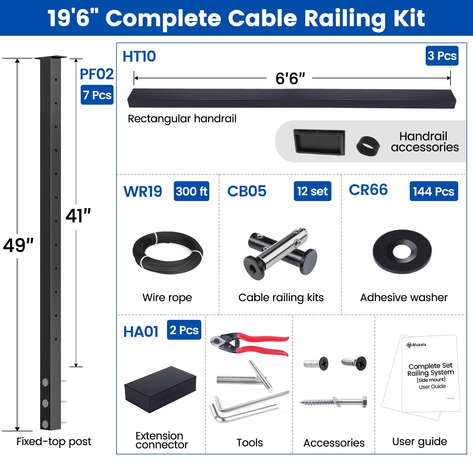 Muzata 13'-19'6" Side Mount Black Complete Cable Railing Kit 42 Inch Cable Railing System for Decks with Post Handrail Space-Saving Fasica Mount with User Guide RCF2 BH4L