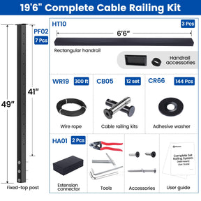 Muzata 13'-19'6" Side Mount Black Complete Cable Railing Kit 42 Inch Cable Railing System for Decks with Post Handrail Space-Saving Fasica Mount with User Guide RCF2 BH4L