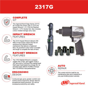 Ingersoll Rand 2317G 1/2" Air Impact Wrench and 3/8" Air ratchet Combination Kit, incl 5-piece Socket Set, Carrying case