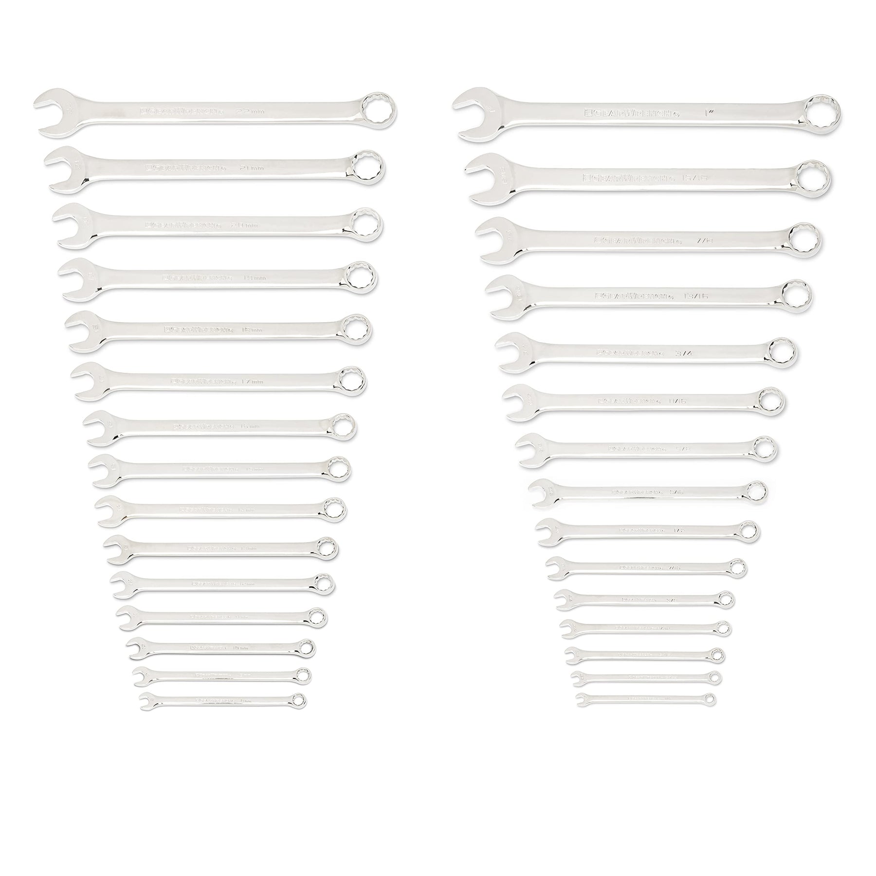 GEARWRENCH 30 Piece 12 Point Long Pattern Combination SAE/Metric Wrench Set with Wrench Racks (1/4-1 in., 8-22 mm) - 81937