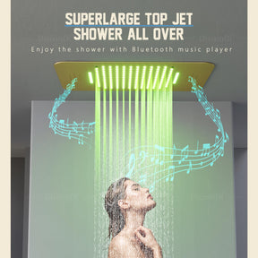 Brushed Gold Ceiling LED Rain Shower Head With Handheld, DisixinDi Large Luxury Rainfall Shower System Fixtures With Body Jets Thermostatic Mixer Trim Kit Included