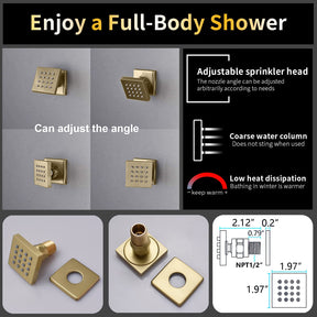 AYIVG Brushed Gold 4 Function Dual Shower Heads System Multi Functions 16 X 26 Inch Rainfall and 8 Inch Wall Mount with 6 Jets Full Body Shower System Set with Handheld shower head