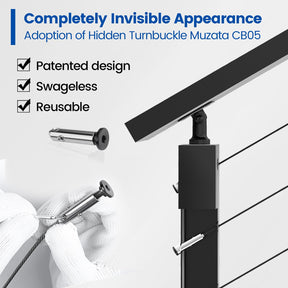 Muzata 13'-19'6" Side Mount Black Complete Cable Railing Kit 42 Inch Cable Railing System for Decks with Post Handrail Space-Saving Fasica Mount with User Guide RCF2 BH4L