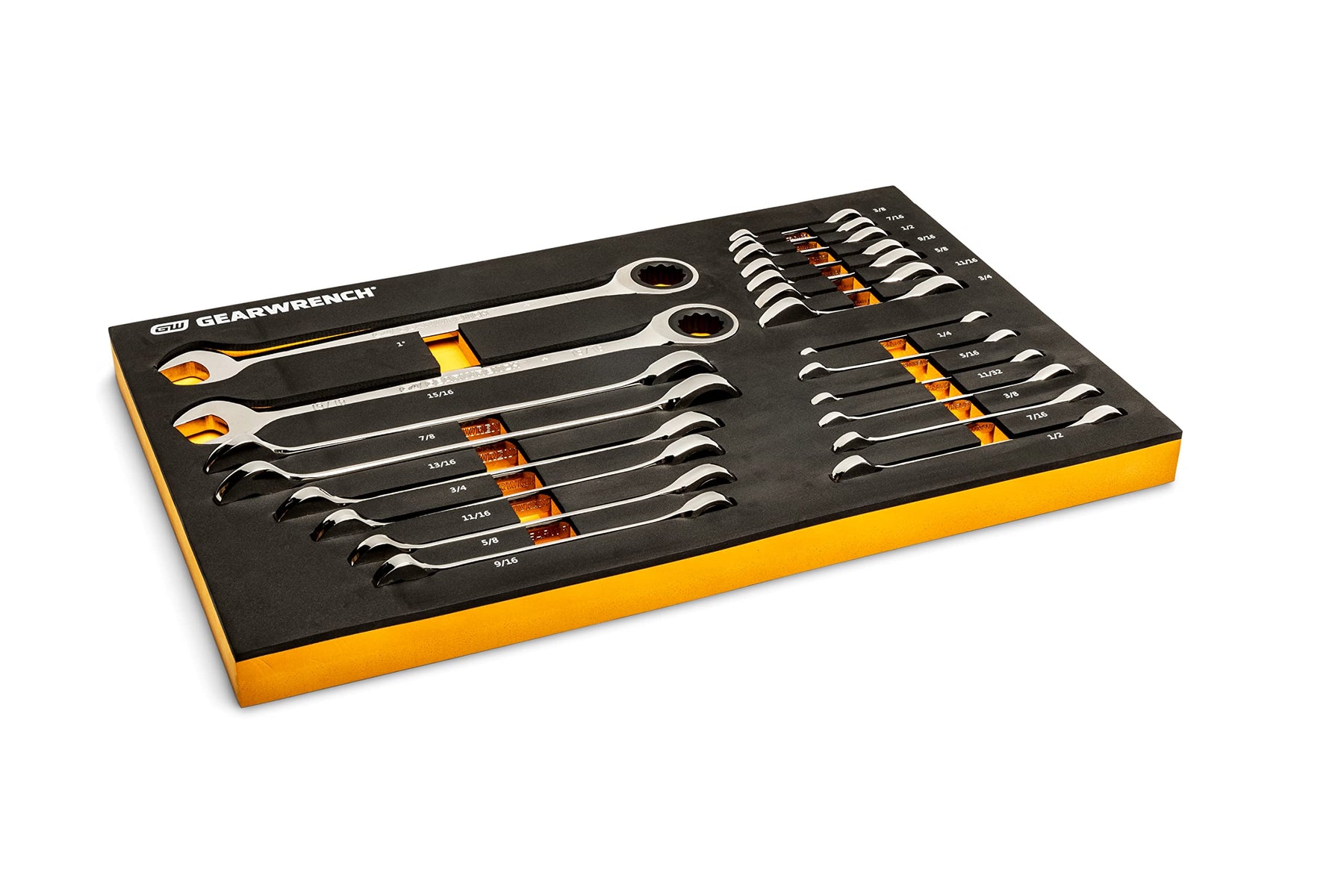 GEARWRENCH 21 Piece 72T SAE Standard & Stubby Ratcheting Wrench Set with EVA Foam Tray - 86526