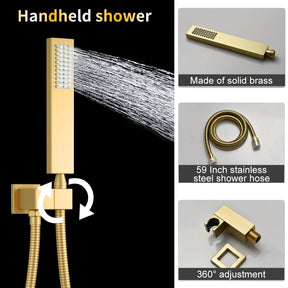 AYIVG Brushed Gold 4 Function Dual Shower Heads System Multi Functions 16 X 26 Inch Rainfall and 8 Inch Wall Mount with 6 Jets Full Body Shower System Set with Handheld shower head