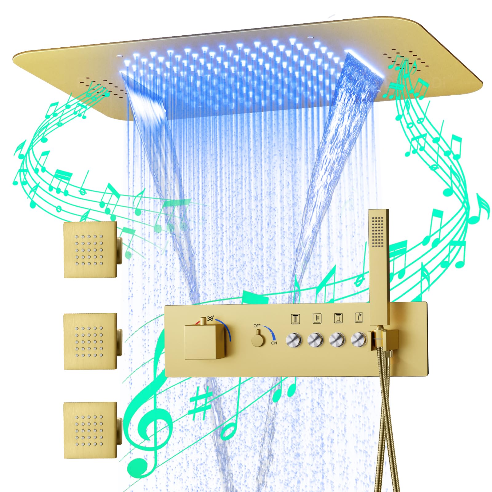Brushed Gold Ceiling LED Rain Shower Head With Handheld, DisixinDi Large Luxury Rainfall Shower System Fixtures With Body Jets Thermostatic Mixer Trim Kit Included