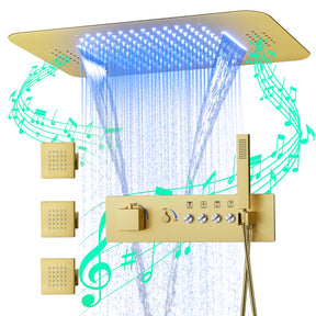 Brushed Gold Ceiling LED Rain Shower Head With Handheld, DisixinDi Large Luxury Rainfall Shower System Fixtures With Body Jets Thermostatic Mixer Trim Kit Included
