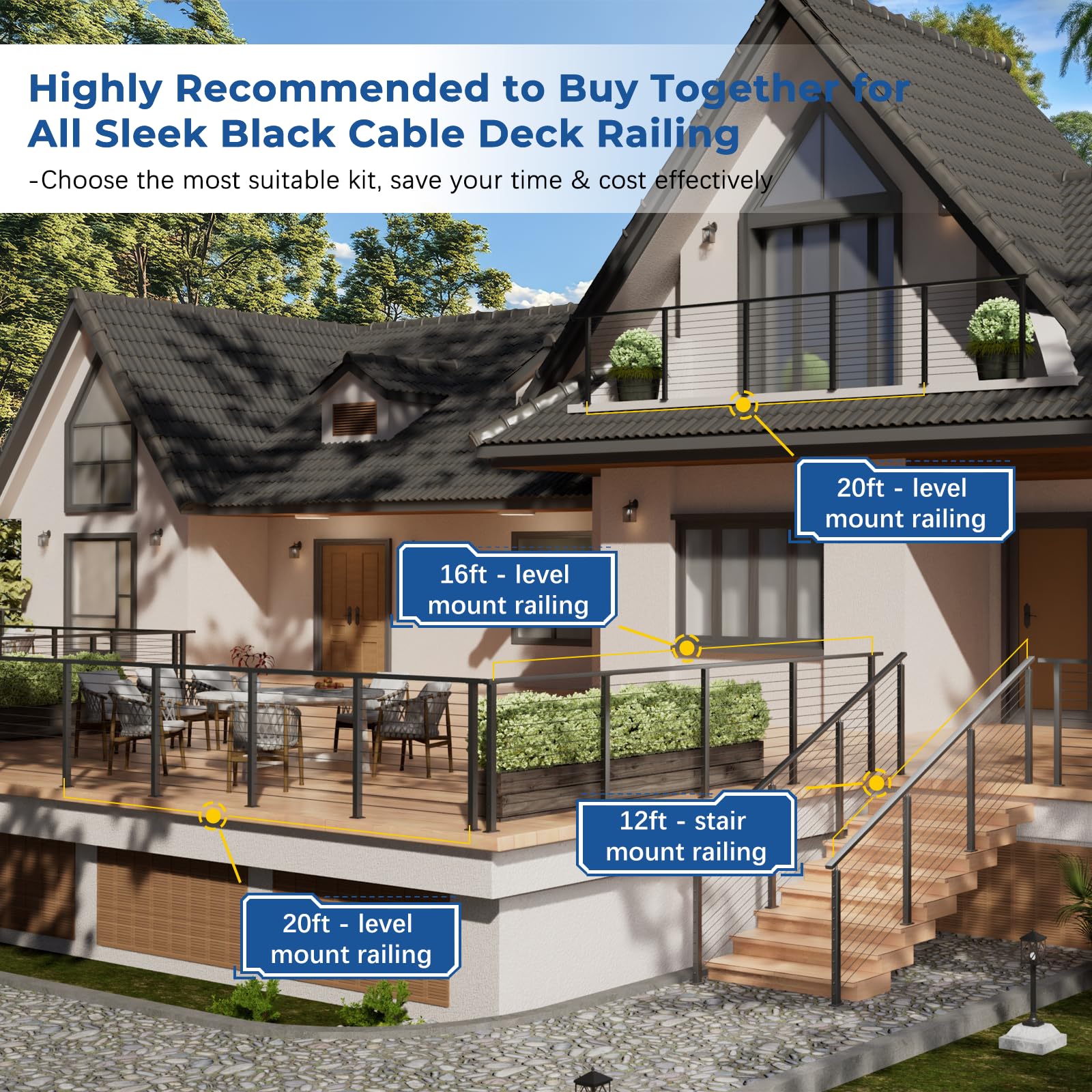 Zylorix 16ft-20ft Complete Set 42" Deck Cable Railing System with Handrail Adjustable, T304 Stainless Steel Black Level Drilled Cable Railing Posts Kit with 1/8" Cable Railing Hardware for Outdoors