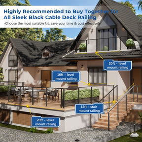Zylorix 16ft-20ft Complete Set 42" Deck Cable Railing System with Handrail Adjustable, T304 Stainless Steel Black Level Drilled Cable Railing Posts Kit with 1/8" Cable Railing Hardware for Outdoors