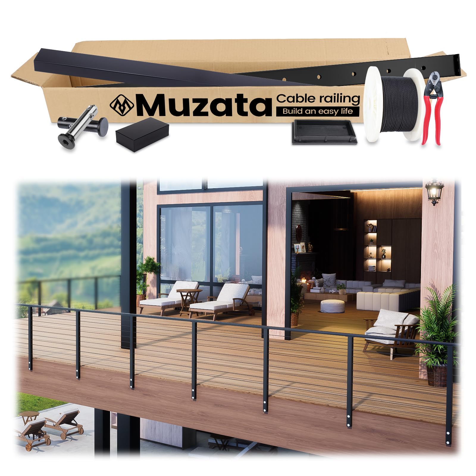 Muzata 13'-19'6" Side Mount Black Complete Cable Railing Kit 42 Inch Cable Railing System for Decks with Post Handrail Space-Saving Fasica Mount with User Guide RCF2 BH4L