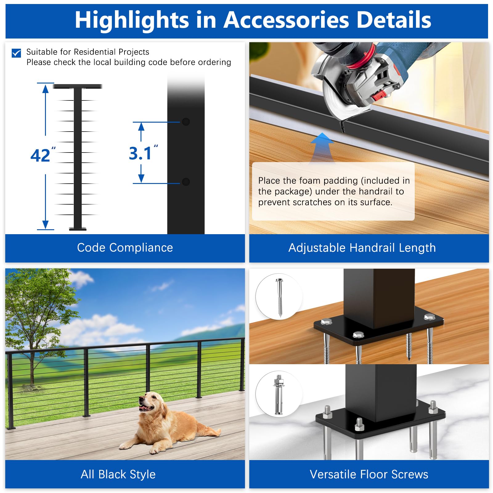 Zylorix 16ft-20ft Complete Set 42" Deck Cable Railing System with Handrail Adjustable, T304 Stainless Steel Black Level Drilled Cable Railing Posts Kit with 1/8" Cable Railing Hardware for Outdoors