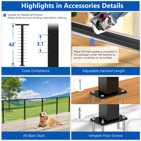 Zylorix 16ft-20ft Complete Set 42" Deck Cable Railing System with Handrail Adjustable, T304 Stainless Steel Black Level Drilled Cable Railing Posts Kit with 1/8" Cable Railing Hardware for Outdoors