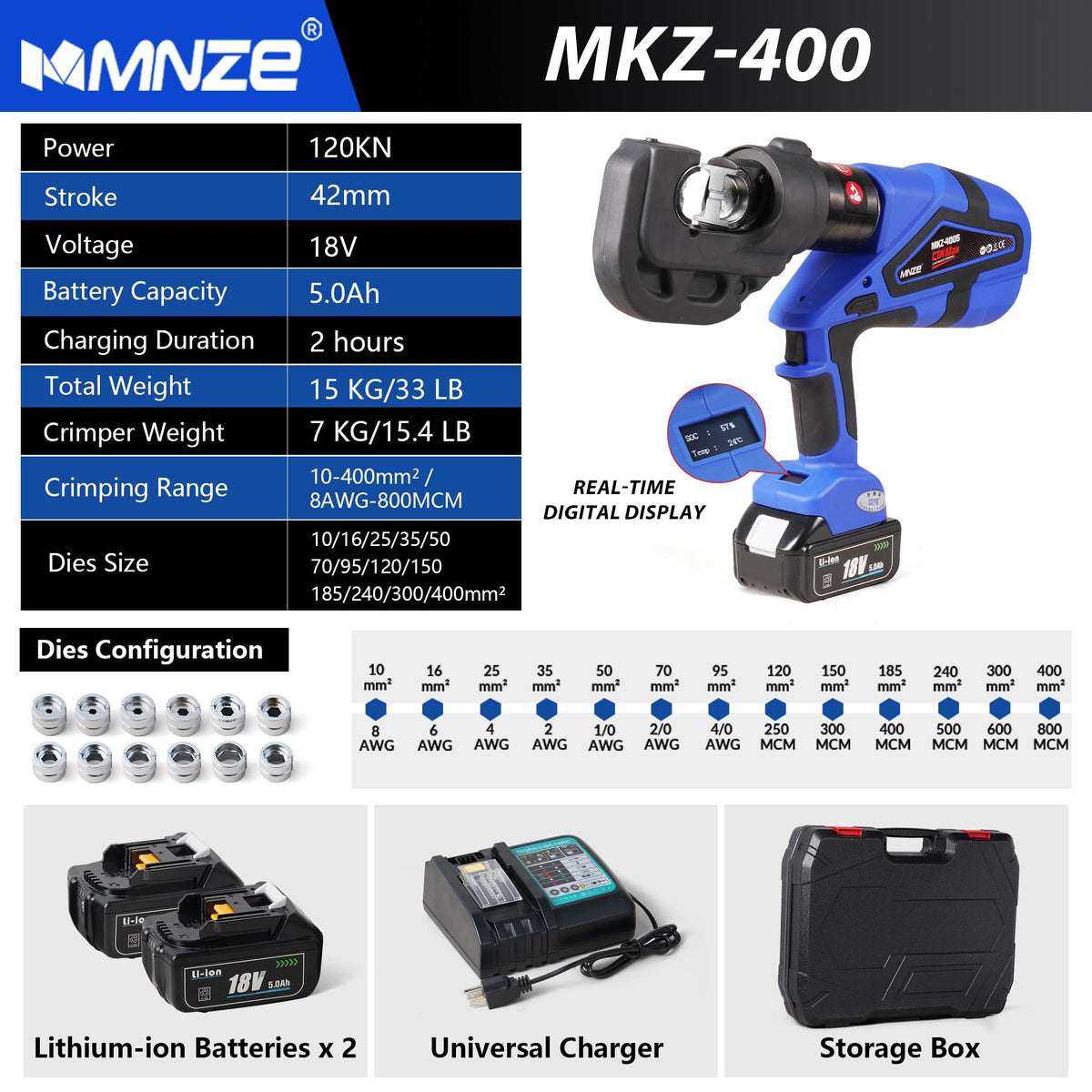 MMNZE Electric Hydraulic Cable Lug Crimper Pliers Rechargeable Crimping Tool 12 Ton Electrical Terminal Cable Wire Fiber Crimper Kit with 12 Dies (MZ-MKZ-400)