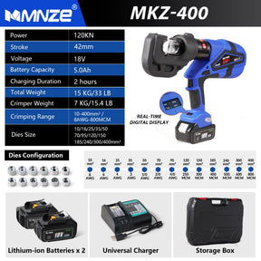 MMNZE Electric Hydraulic Cable Lug Crimper Pliers Rechargeable Crimping Tool 12 Ton Electrical Terminal Cable Wire Fiber Crimper Kit with 12 Dies (MZ-MKZ-400)