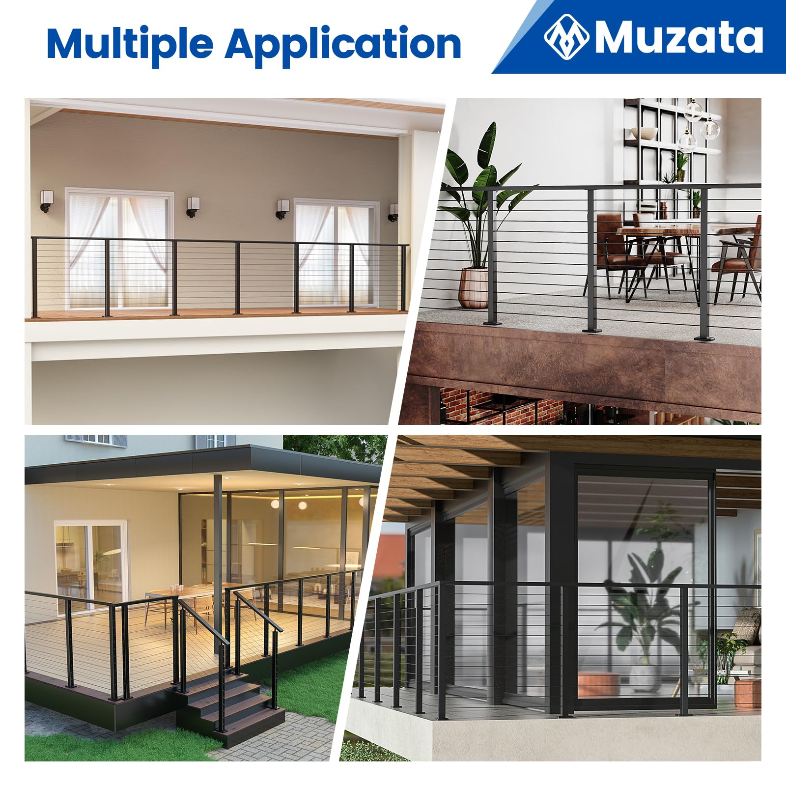 Muzata 13'-19'6" Black Complete Cable Railing Kit 42 Inch Cable Railing System for Decks with Post Handrail Length Adjustable Easy DIY with User Guide Complete Set RCS2 BH4L