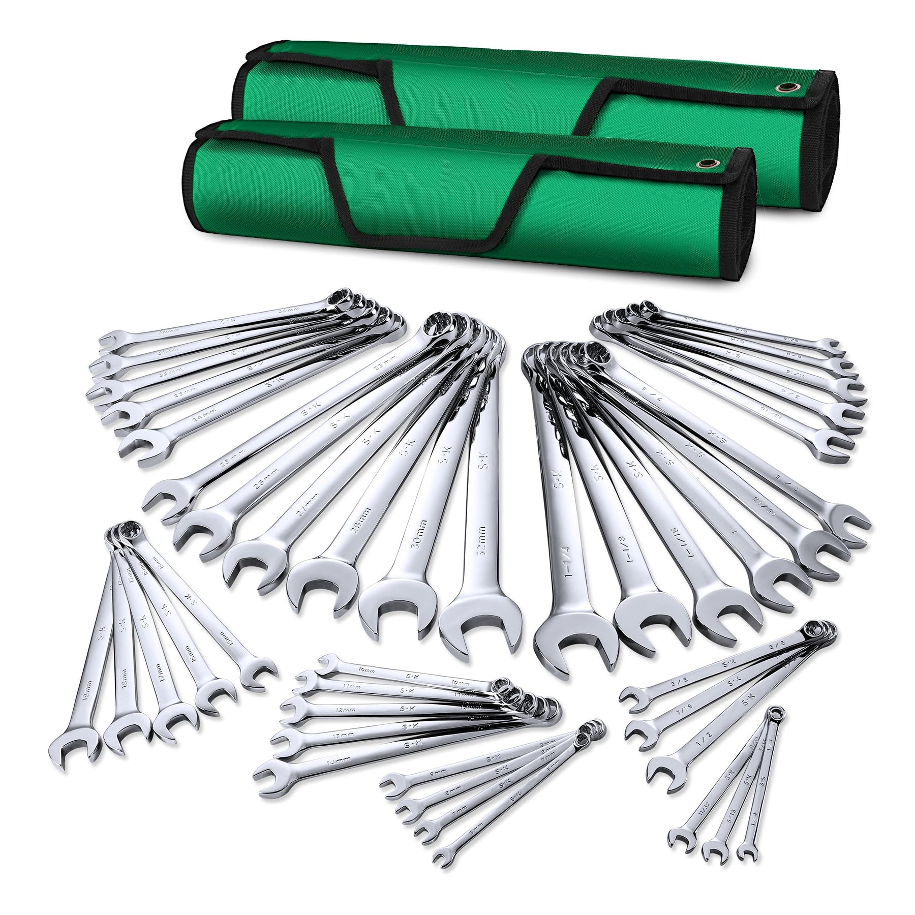 SK Combination Wrench Set, SAE 1/4" to 1-1/4", Metric 6 to 32mm, 42-Piece, SuperKrome Finish, Premium CR-V Construction, with Rolling Pouch