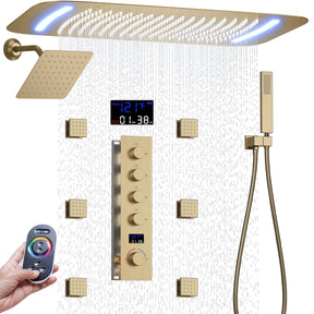 AYIVG Brushed Gold 4 Function Dual Shower Heads System Multi Functions 16 X 26 Inch Rainfall and 8 Inch Wall Mount with 6 Jets Full Body Shower System Set with Handheld shower head
