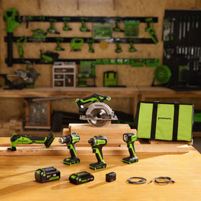 Greenworks 24V Cordless Brushless 5PCs Combo, Drill/Driver +Impact Driver +6.5" Circular Saw +Oscillating Tool +200LM Flashlight, 2.0Ah + 4.0Ah Batteries (24,000mAh Power Bank) and 65W USB-C Charger