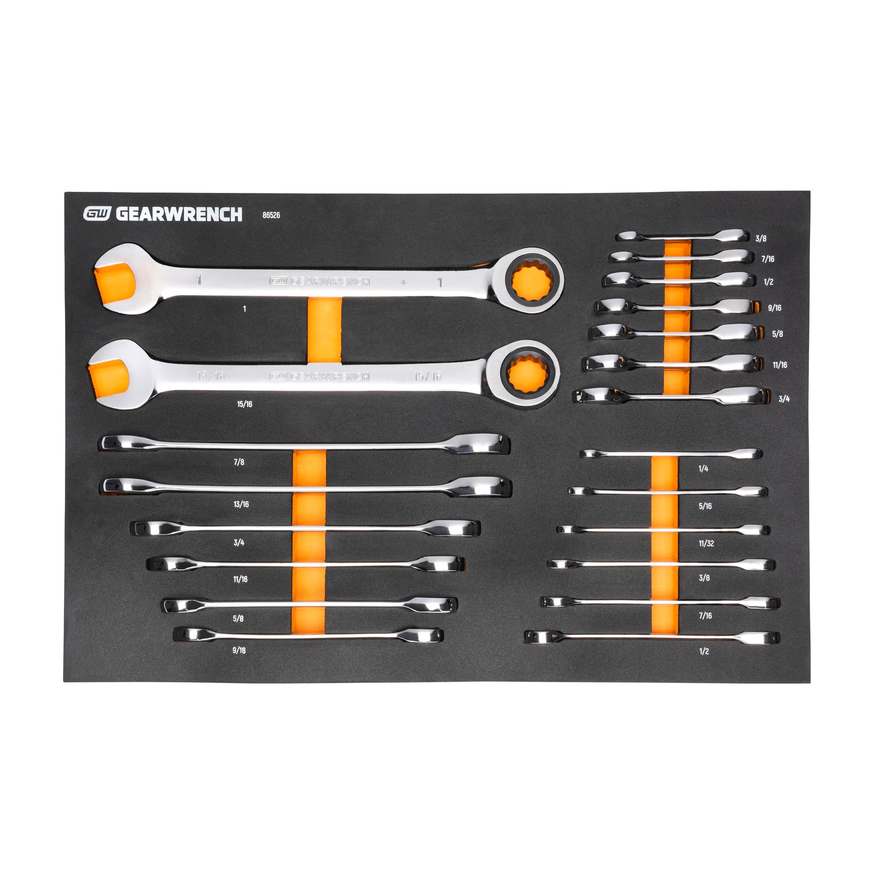 GEARWRENCH 21 Piece 72T SAE Standard & Stubby Ratcheting Wrench Set with EVA Foam Tray - 86526