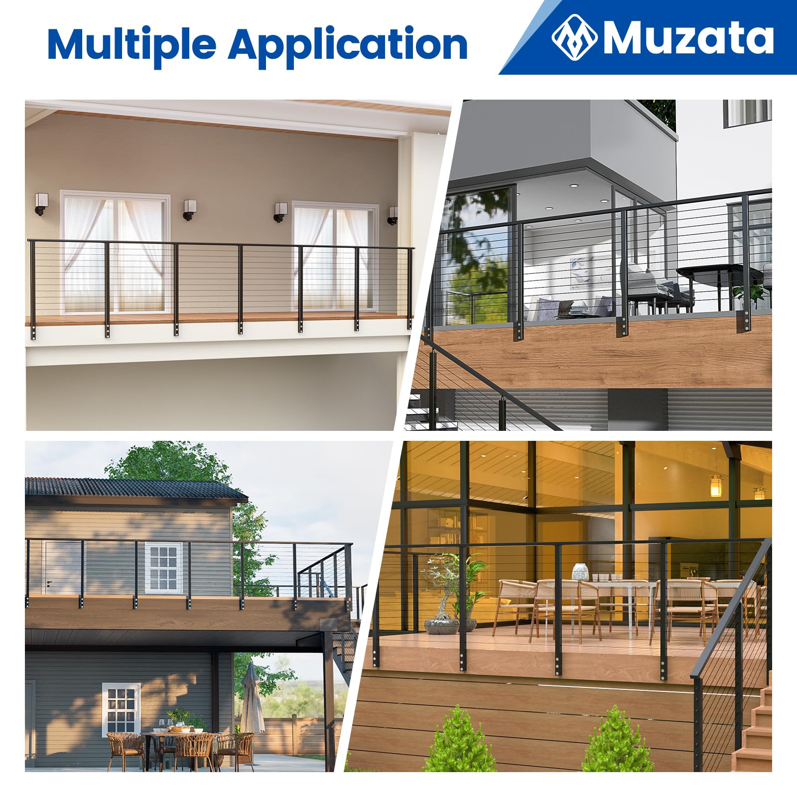 Muzata 13'-19'6" Side Mount Black Complete Cable Railing Kit 42 Inch Cable Railing System for Decks with Post Handrail Space-Saving Fasica Mount with User Guide RCF2 BH4L