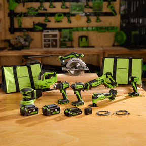 Greenworks 24V Cordless Brushless 8PCs Combo, Drill+Impact Driver+Circular Saw+Recip Saw+Jig Saw+Sander+Flashlight+Oscillating Tool (2) 2.0Ah+4.0Ah Batteries (24,000mAh Power Bank) 65W USB-C Charger
