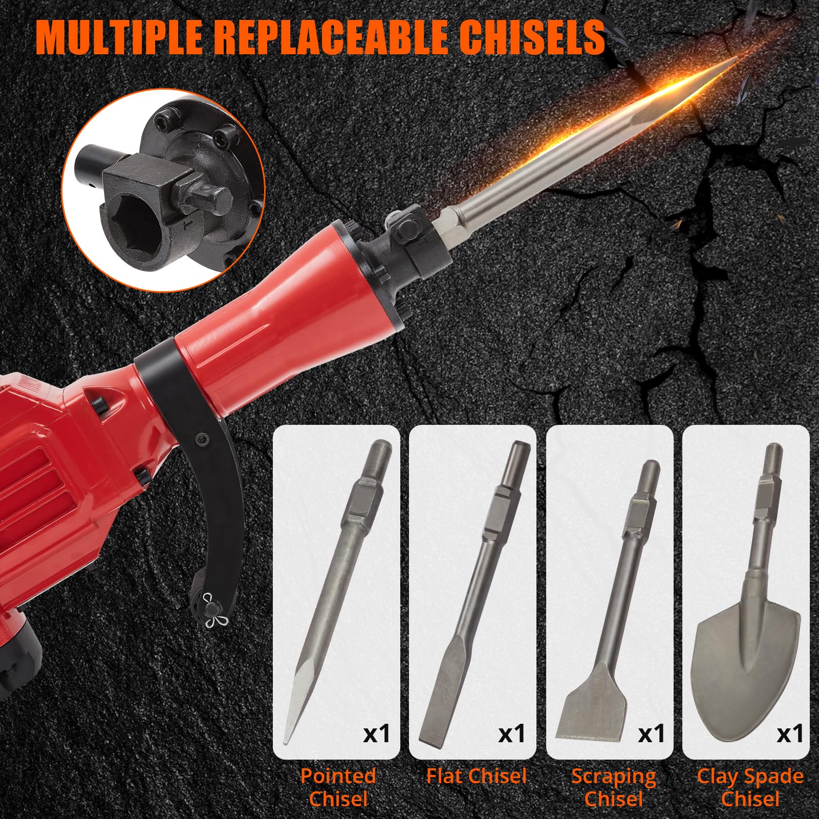 3600W Demolition Jack Hammer Metal Concrete Breaker Jack Hammer Electric Tool Kit, 4pcs Chisels Bit Set W/Case, Noise-Canceling Earplug, Shoulder Strap