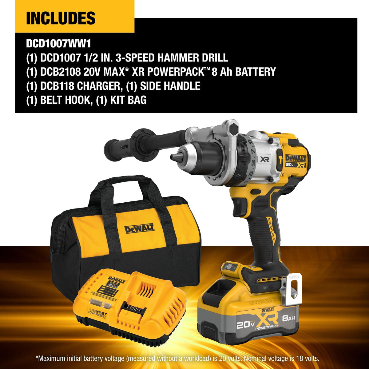 DEWALT 20V MAX XR 1/2 Inch Cordless Hammer Drill Kit with 8AH Battery and Charger (DCD1007WW1)