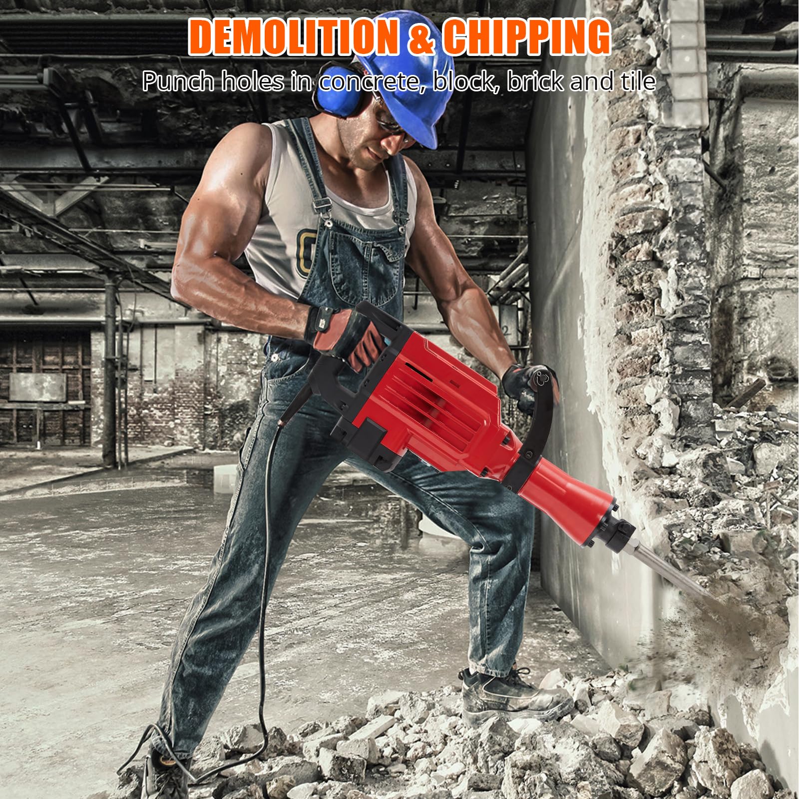 3600W Demolition Jack Hammer Metal Concrete Breaker Jack Hammer Electric Tool Kit, 4pcs Chisels Bit Set W/Case, Noise-Canceling Earplug, Shoulder Strap