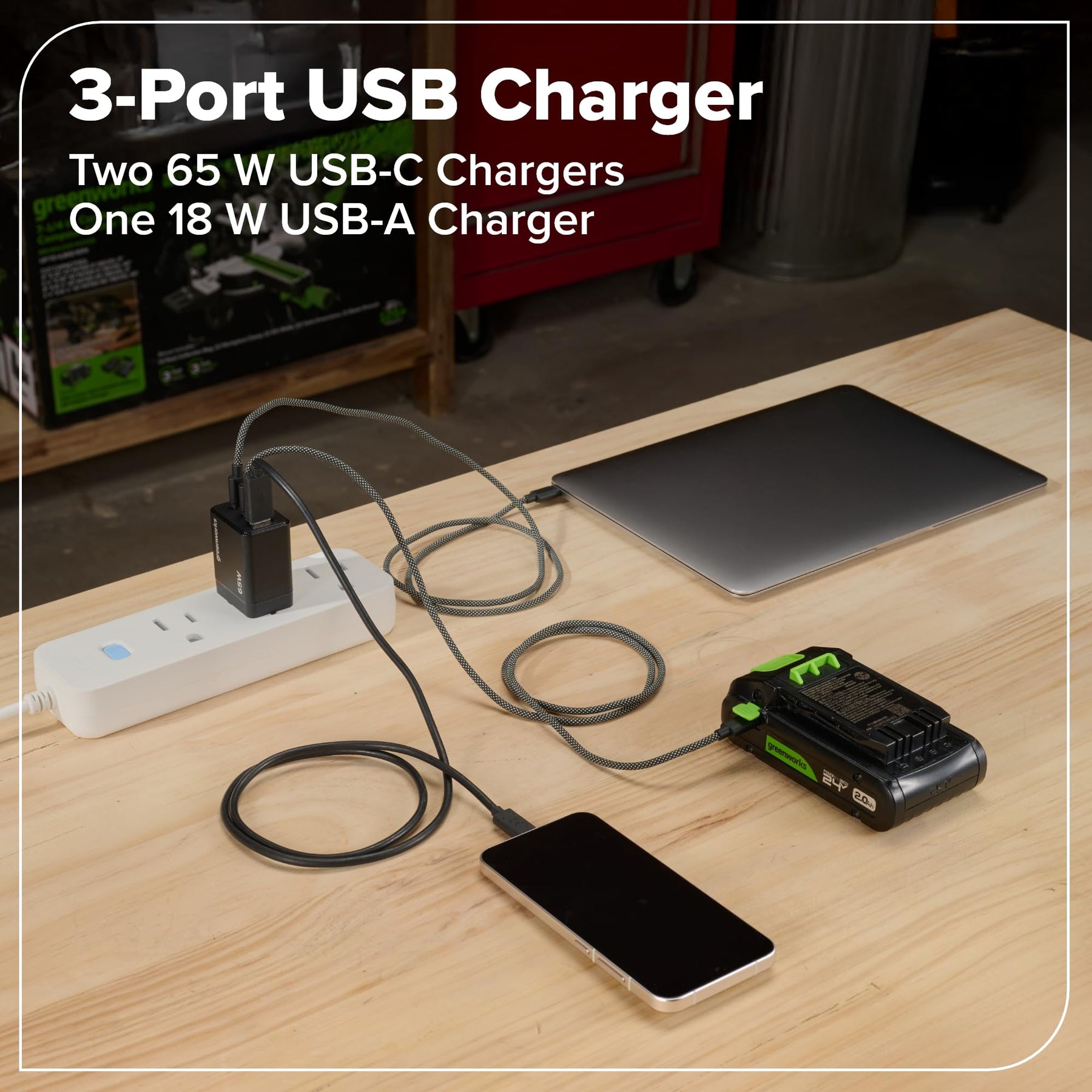 Greenworks 24V Cordless Brushless 8PCs Combo, Drill+Impact Driver+Circular Saw+Recip Saw+Jig Saw+Sander+Flashlight+Oscillating Tool (2) 2.0Ah+4.0Ah Batteries (24,000mAh Power Bank) 65W USB-C Charger