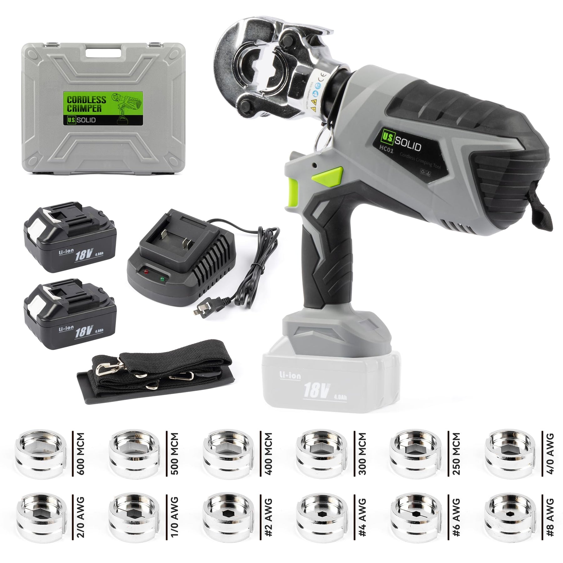 U.S. Solid Electric Cordless Hydraulic Crimper Tool Kit 6.5 ton Rechargeable for Cu Terminal Lugs Splices Cable Wire Connector with Standard 8 AWG - 600 MCM Copper Dies, 2 Li-ion Batteries, Charger