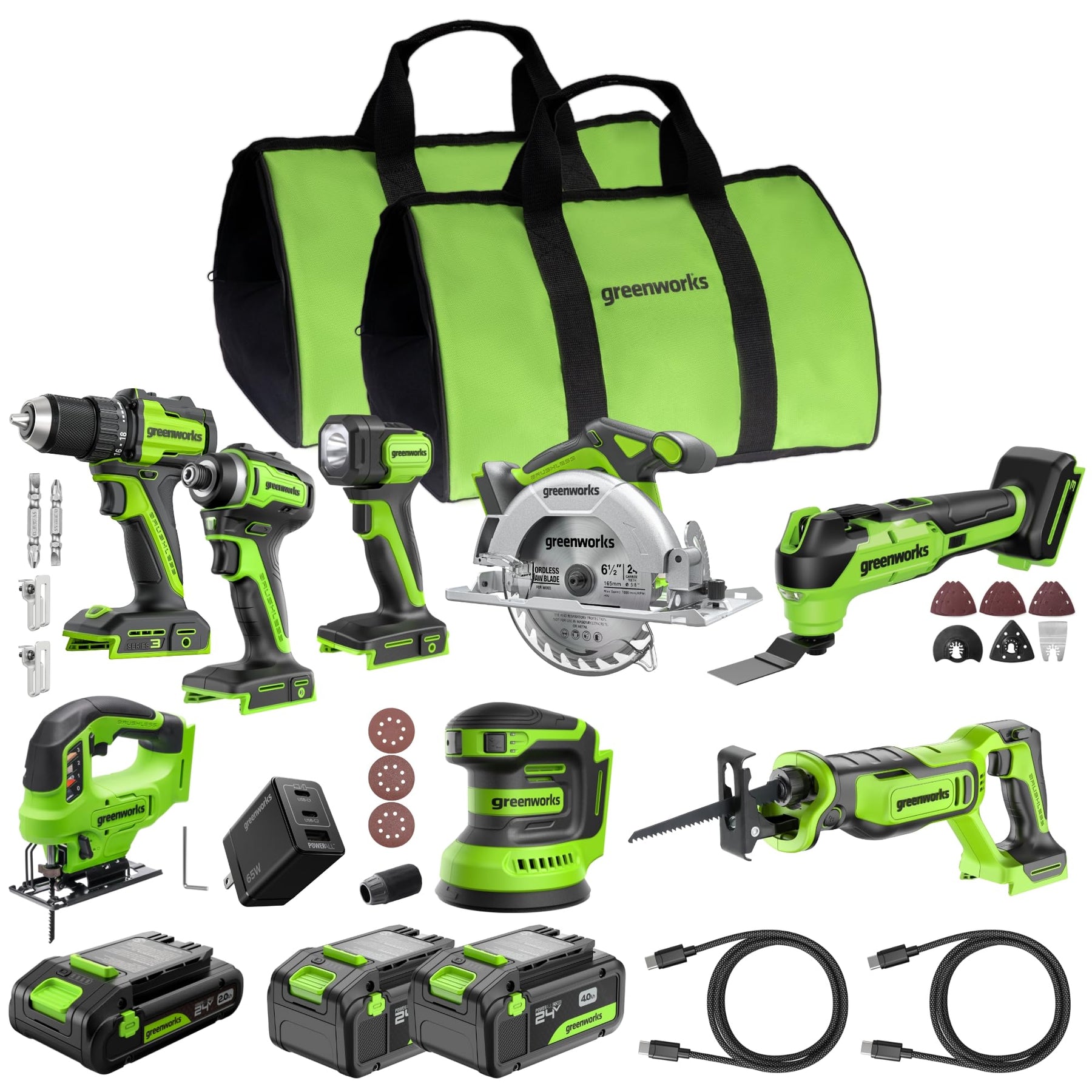 Greenworks 24V Cordless Brushless 8PCs Combo, Drill+Impact Driver+Circular Saw+Recip Saw+Jig Saw+Sander+Flashlight+Oscillating Tool (2) 2.0Ah+4.0Ah Batteries (24,000mAh Power Bank) 65W USB-C Charger