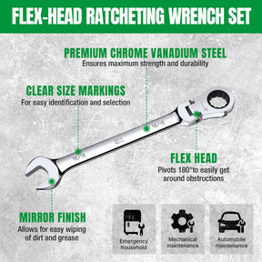 SK Flex-Head Ratcheting Wrench Set, Combination Wrench Set, 25-Piece, SAE 1/4" to 1", Metric 8 to 19mm, 72-Tooth, Premium CR-V Construction, with Rack Organizer