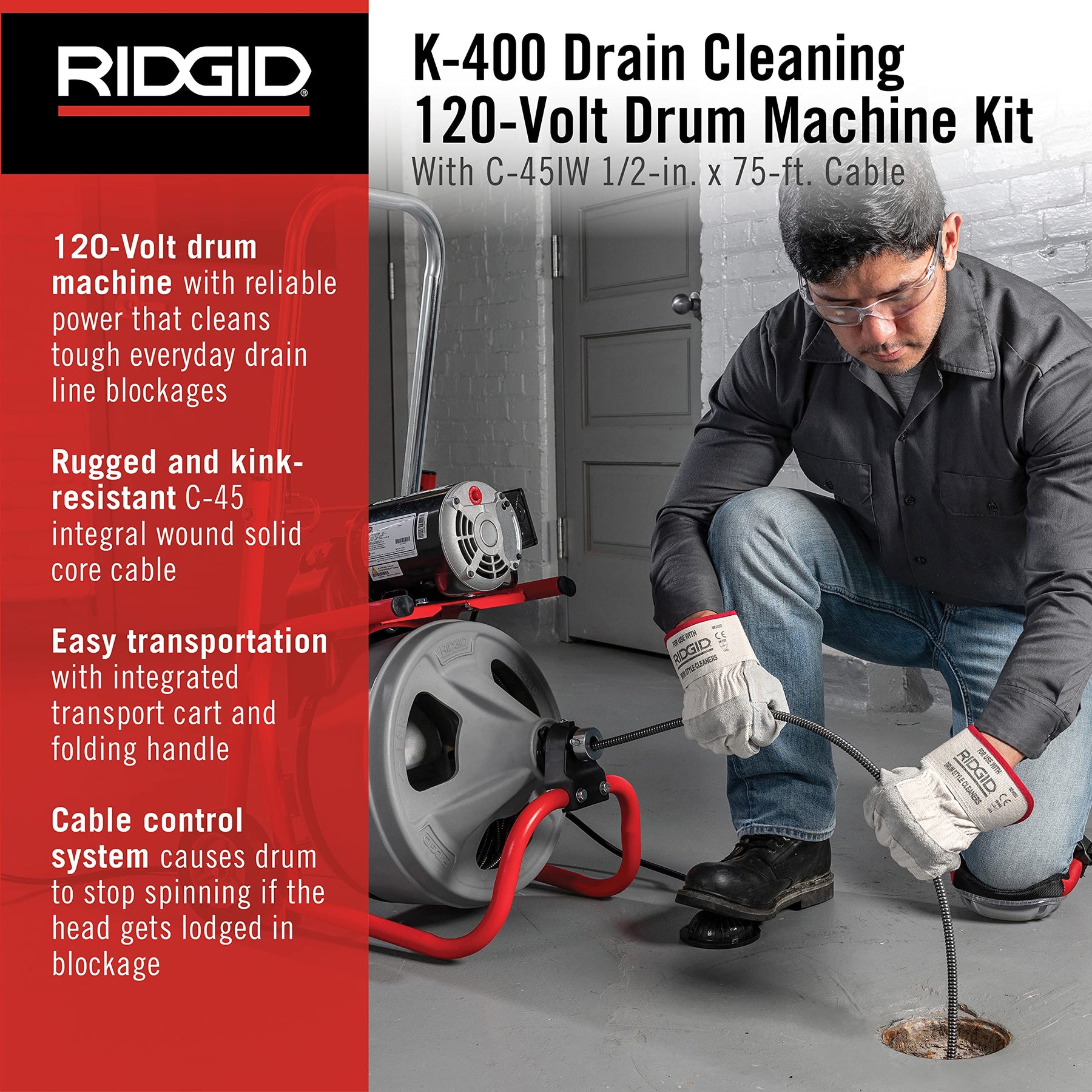RIDGID 26998 Model K-400 Drain Cleaning 120-Volt Drum Machine Kit with C-45IW 1/2" x 75' Cable, White, Black, Red