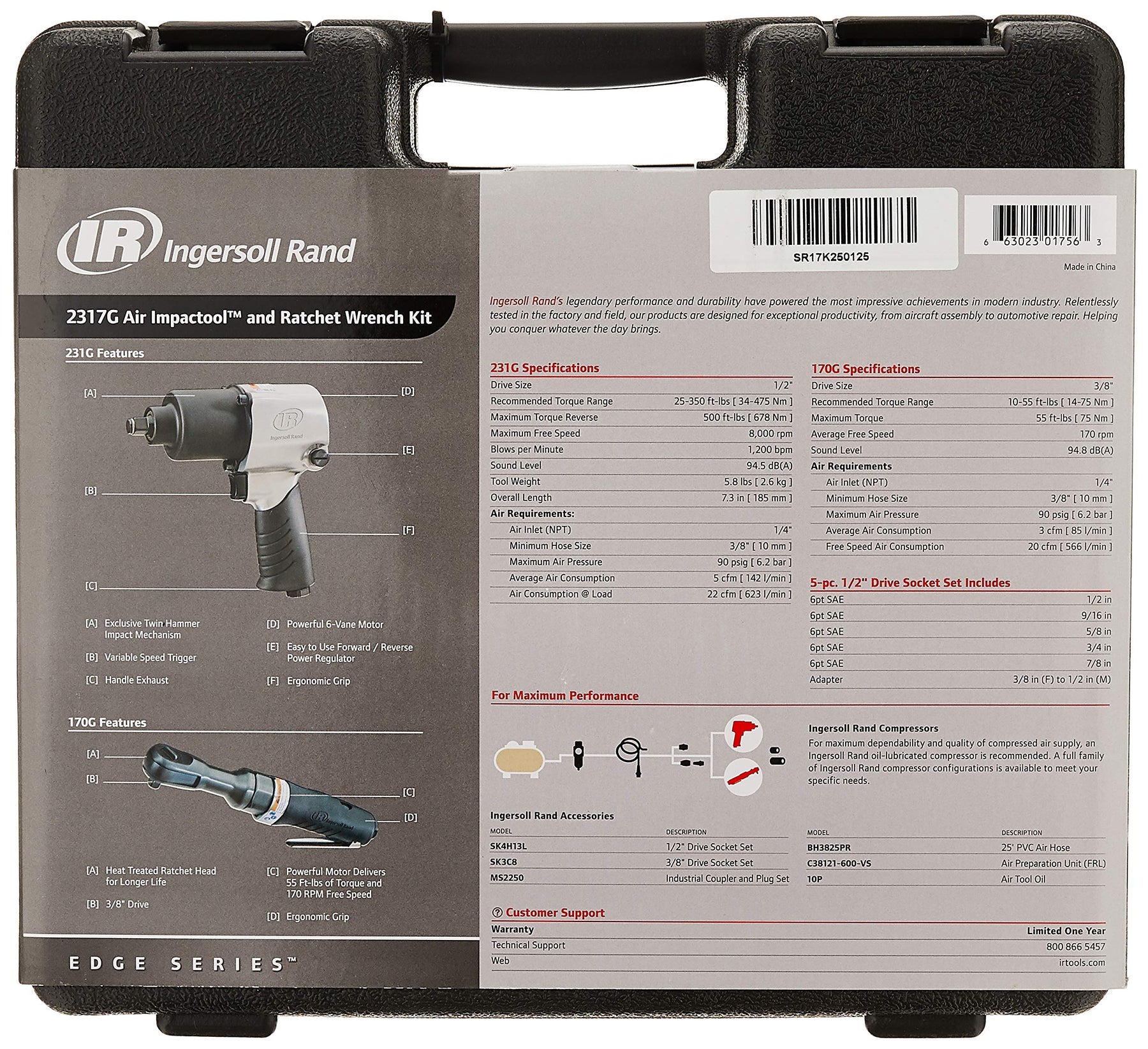 Ingersoll Rand 2317G 1/2" Air Impact Wrench and 3/8" Air ratchet Combination Kit, incl 5-piece Socket Set, Carrying case